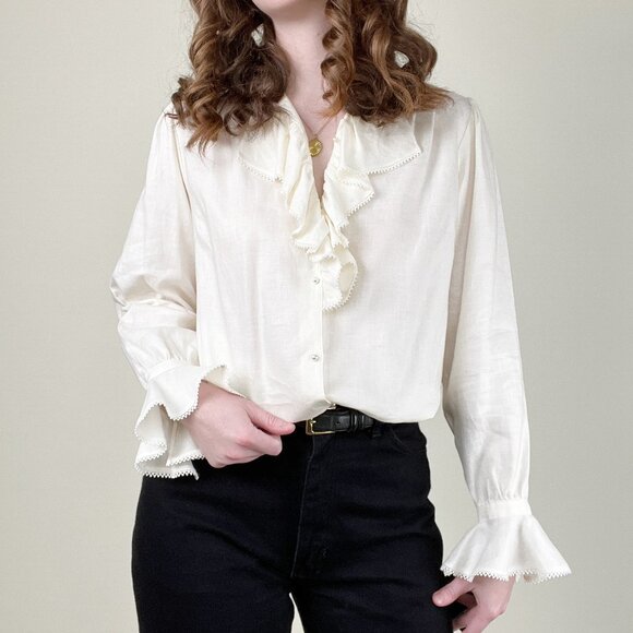 Vintage 100% Linen Ruffle Lace Cottagecore Whimsigoth Victorian Shirt Blouse Top - Picture 4 of 9